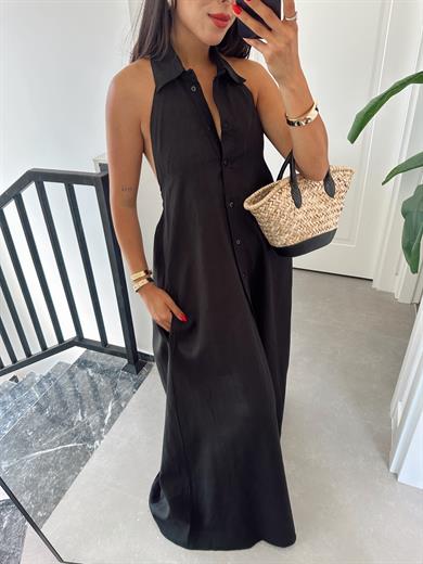 Siyah Premium Ham Keten Sırt Dekolteli Zr Elbise