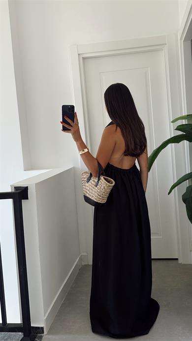 Siyah Premium Ham Keten Sırt Dekolteli Zr Elbise