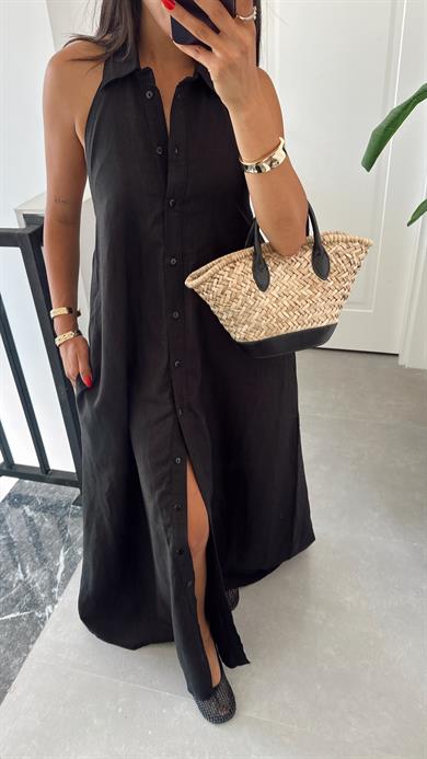 Siyah Premium Ham Keten Sırt Dekolteli Zr Elbise