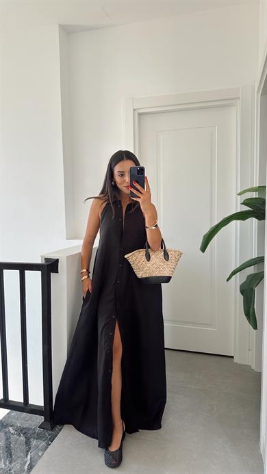 Siyah Premium Ham Keten Sırt Dekolteli Zr Elbise