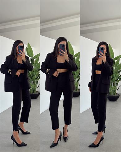 Siyah Premium Paça Yırtmaç Detaylı Pantolon