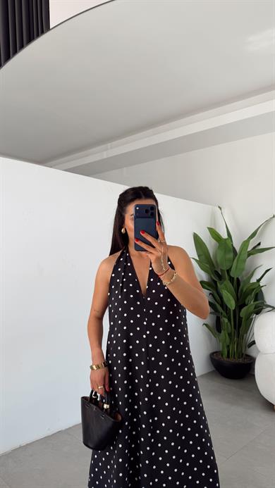 Siyah Puantiyeli Boyundan Bağlamalı Sırt Detay Elbise