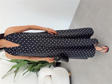 Siyah Puantiyeli Boyundan Bağlamalı Sırt Detay Elbise