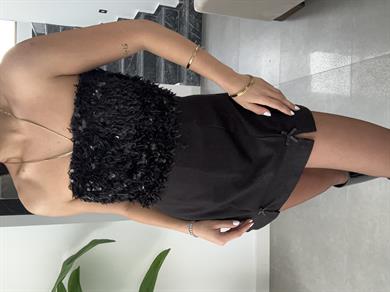 Siyah Pullu Kırçıllı Straplez Top