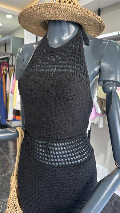 Siyah Püsküllü Uzun Elbise