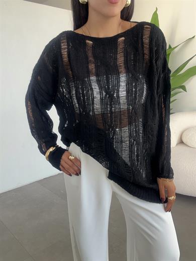 Siyah Saç Örgülü Ajurlu Kazak