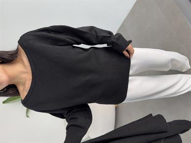 Siyah Şal Detaylı Triko Kazak