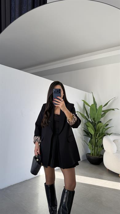Siyah Şal Yaka Leopar Astarlı Blazer