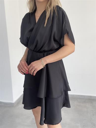 Siyah Saten Fırfırlı Elbise