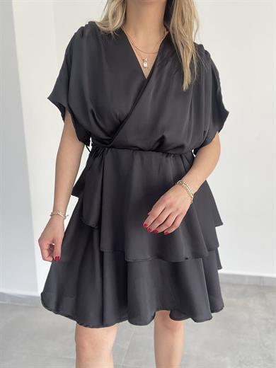 Siyah Saten Fırfırlı Elbise