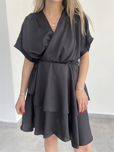 Siyah Saten Fırfırlı Elbise