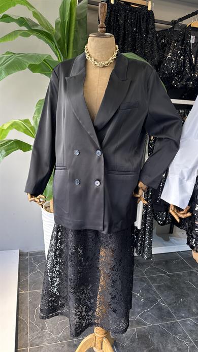 Siyah Saten Kruvaze Blazer Ceket