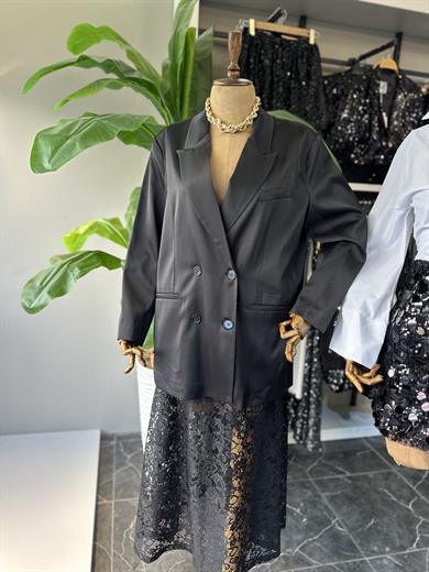 Siyah Saten Kruvaze Blazer Ceket