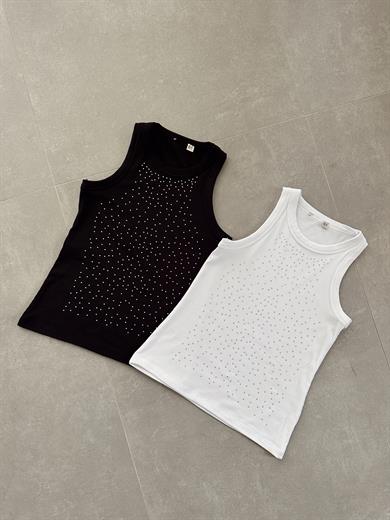 Siyah Serpme Taş Detay Pamuk Dokulu Kaşkorse Atlet