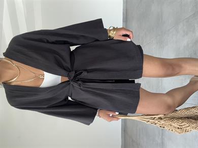 Siyah Şile Şortlu Kimono Takım