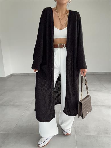 Siyah Simli Şönil Uzun Cepli Hırka