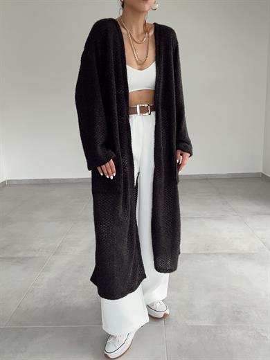 Siyah Simli Şönil Uzun Cepli Hırka