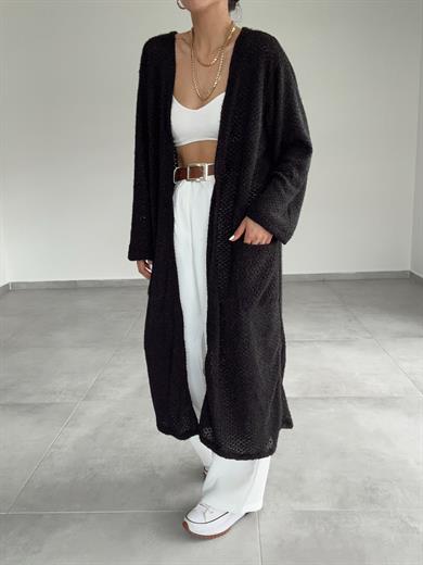 Siyah Simli Şönil Uzun Cepli Hırka