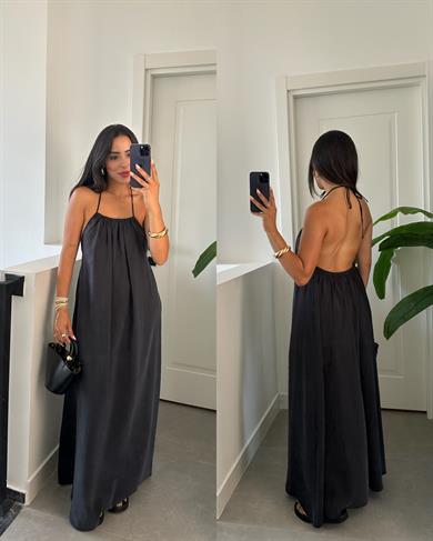 Siyah Sırt Dekolteli Askılı Elbise