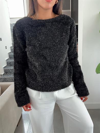 Siyah Sırt Dekolteli Simli Kazak