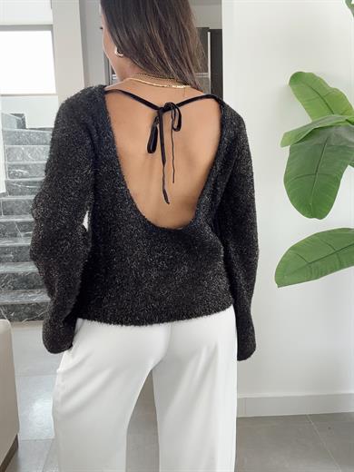 Siyah Sırt Dekolteli Simli Kazak