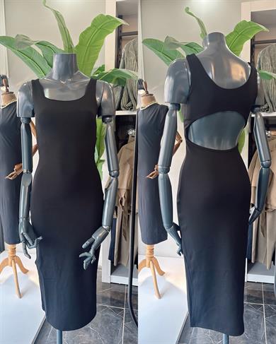 Siyah Sırt Detaylı Kare Yaka Elbise