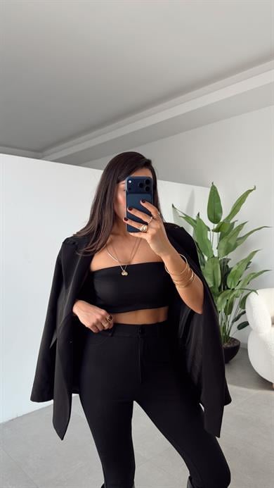 Siyah Straplez Çelik Crop