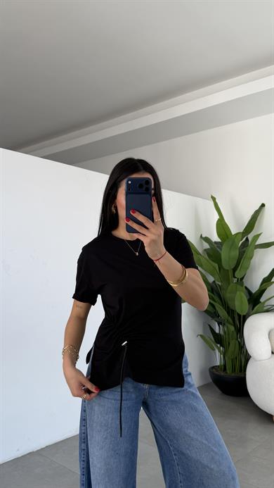 Siyah Süprem Yırtmaçlı Önü Büzgülü Basic