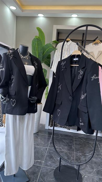 Siyah Taş İşlemeli Blazer Ceket
