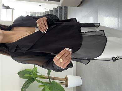 Siyah Tasarım Yelek Detaylı Tül Gömlek