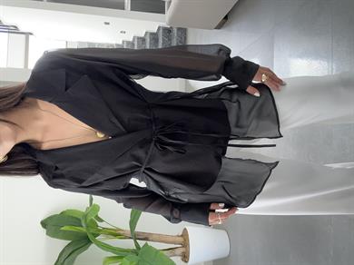 Siyah Tasarım Yelek Detaylı Tül Gömlek