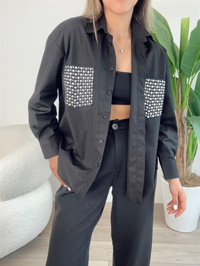 Siyah Tasarım Zımba Cep Detaylı Gömlek