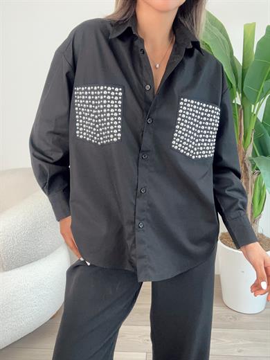 Siyah Tasarım Zımba Cep Detaylı Gömlek
