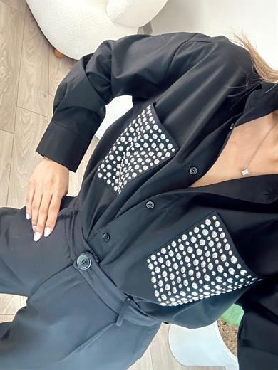 Siyah Tasarım Zımba Cep Detaylı Gömlek