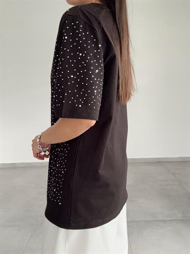 Siyah Taşlı Baskılı Tişört