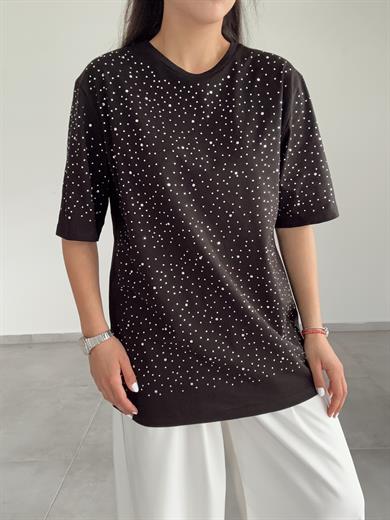 Siyah Taşlı Baskılı Tişört