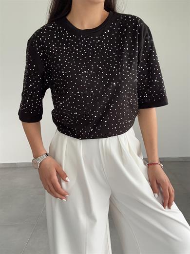 Siyah Taşlı Baskılı Tişört