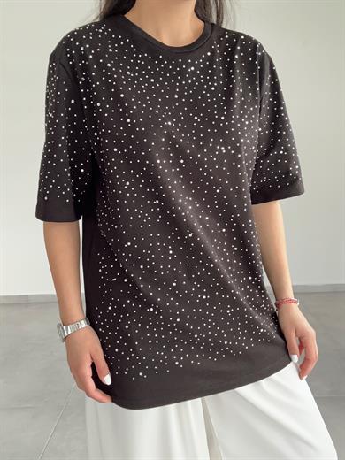 Siyah Taşlı Baskılı Tişört