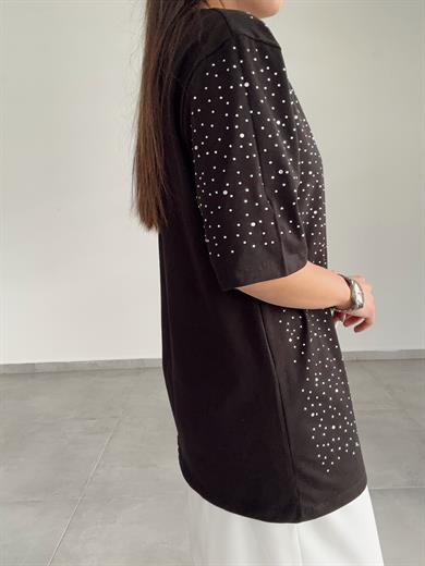Siyah Taşlı Baskılı Tişört