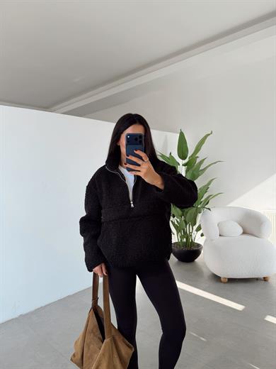 Siyah Teddy Fermuarlı Sweatshirt