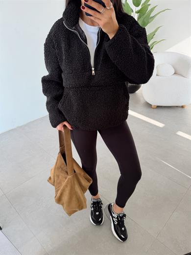 Siyah Teddy Fermuarlı Sweatshirt