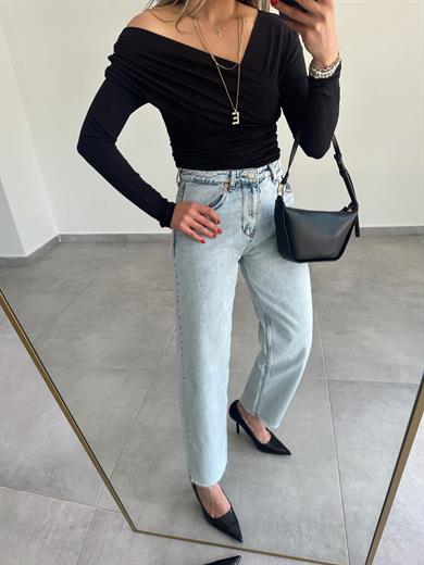 Siyah V Yaka Drapeli Bluz