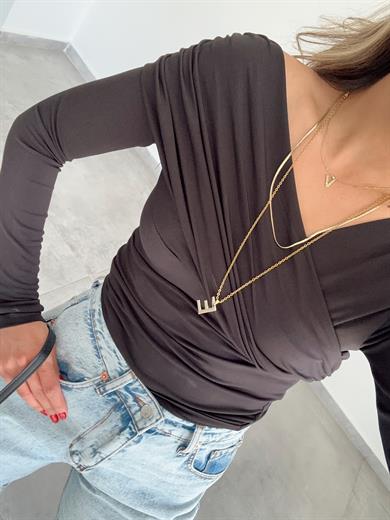 Siyah V Yaka Drapeli Bluz