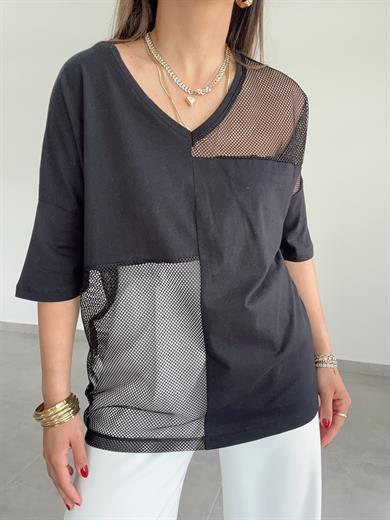 Siyah V Yaka File Detaylı Tişört