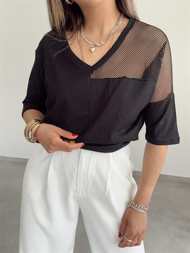 Siyah V Yaka File Detaylı Tişört