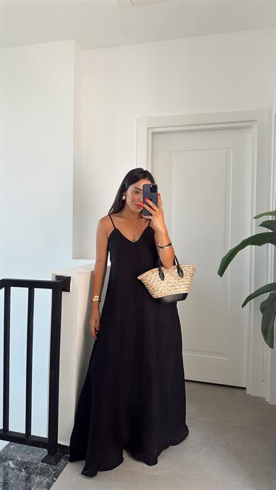 Siyah V Yaka İp Askılı Elbise