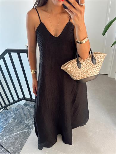 Siyah V Yaka İp Askılı Elbise