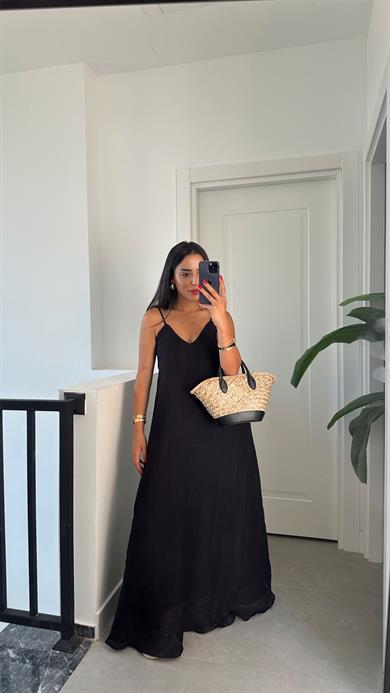 Siyah V Yaka İp Askılı Elbise