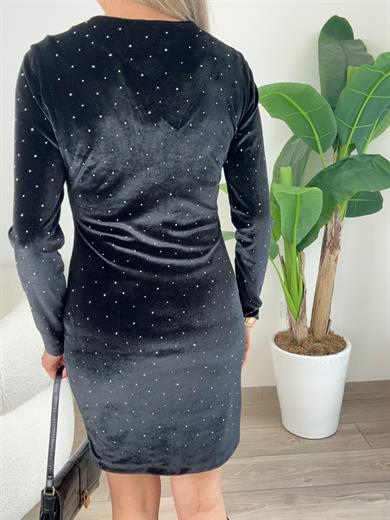 Siyah V Yaka Kadife Taşlı Elbise