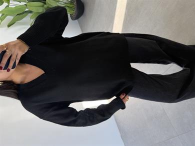Marla Siyah V Yaka Oversize Triko Kazak